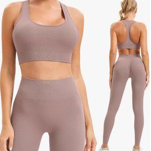 SPICE UNION 2 Piece Women's Workout Sets Ribbed Seamless Gym Yoga Outfits Biker